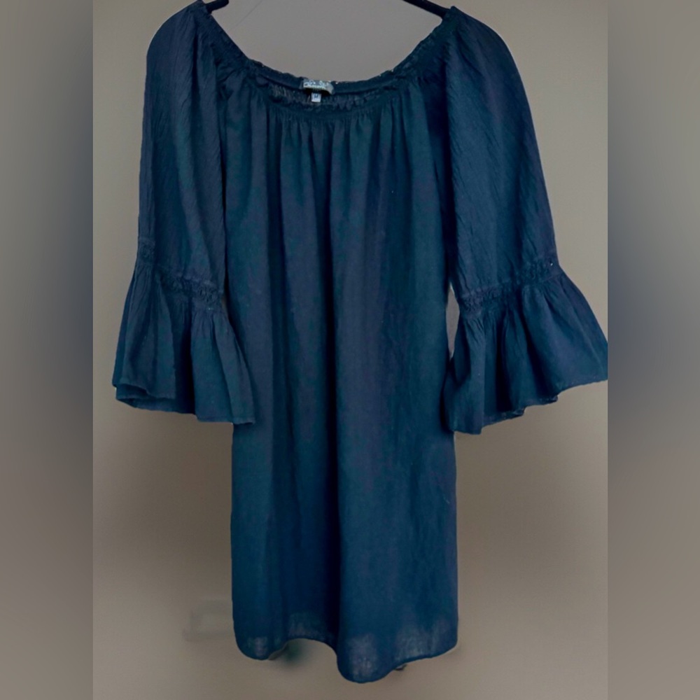 Giocam Off the Shoulder 3/4 Bell Sleeve Cotton Black Tunic Peasant Boho Medium